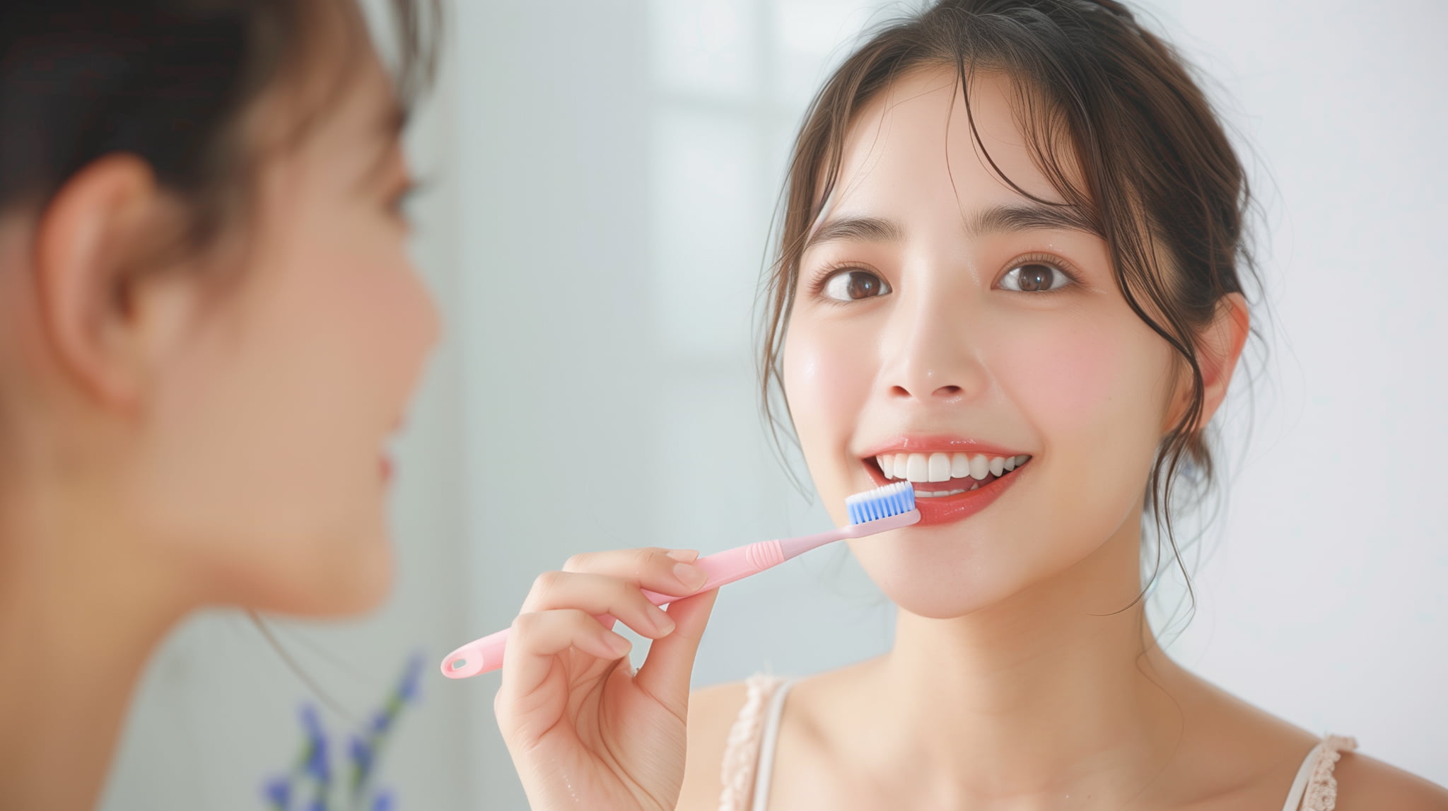 大人の虫歯を予防するため丁寧に歯磨きをする女性
